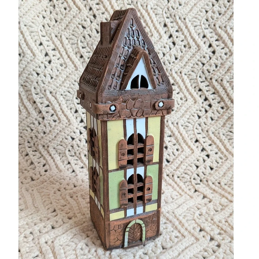 Vintage Lithuanian Handmade Clay Tower Tea Light‎ Candle Holder Village House